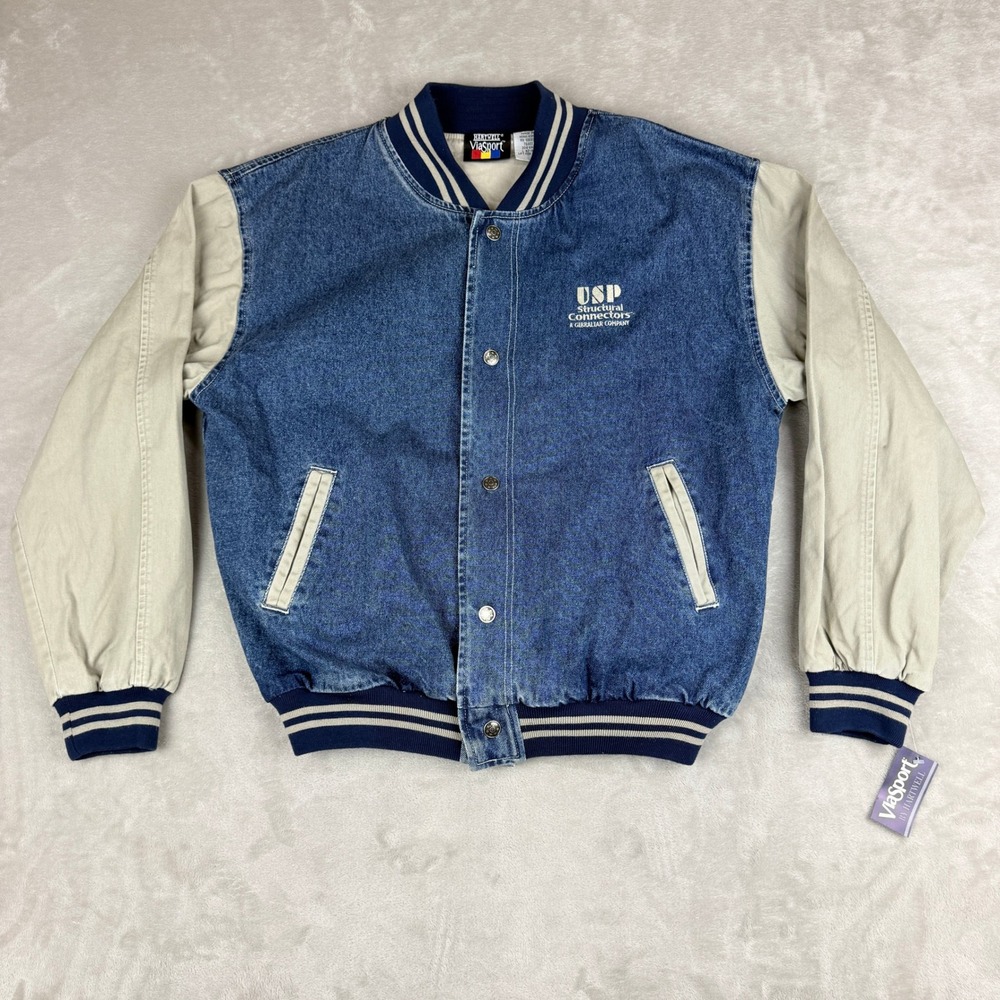 VTG Hartwell ViaSport Varsity Bomber Jacket Mens L Blue Khaki Denim 90s Y2K NEW